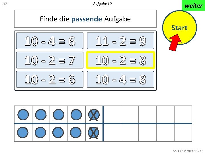 Aufgabe 10 Finde die passende Aufgabe 10 - 4 = 6 10 - 2