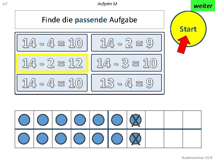 Aufgabe 12 weiter Finde die passende Aufgabe Start 14 - 4 = 10 14