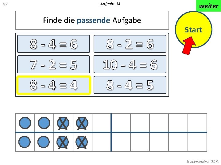 Aufgabe 14 Finde die passende Aufgabe 8 -4=6 7 -2=5 8 -4=4 weiter Start