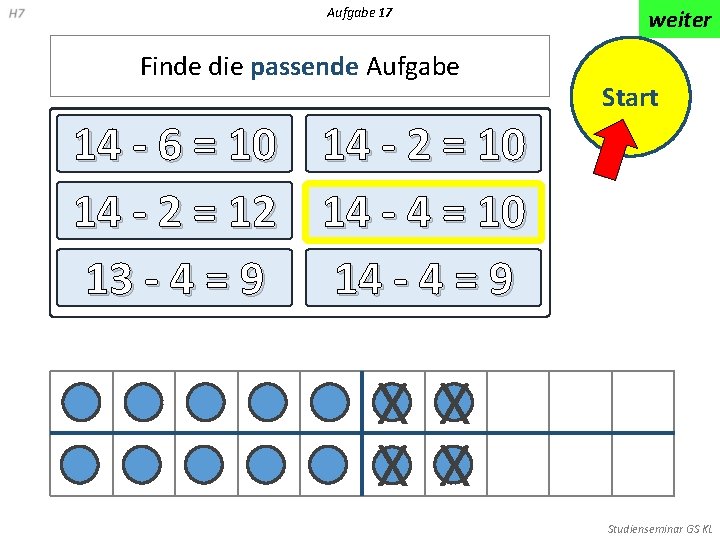 Aufgabe 17 Finde die passende Aufgabe 14 - 6 = 10 14 - 2