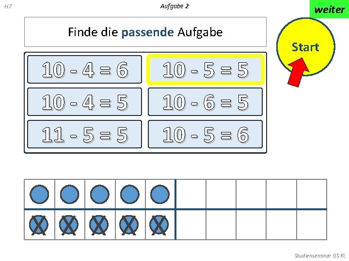 Aufgabe 2 Finde die passende Aufgabe 10 - 4 = 6 10 - 4