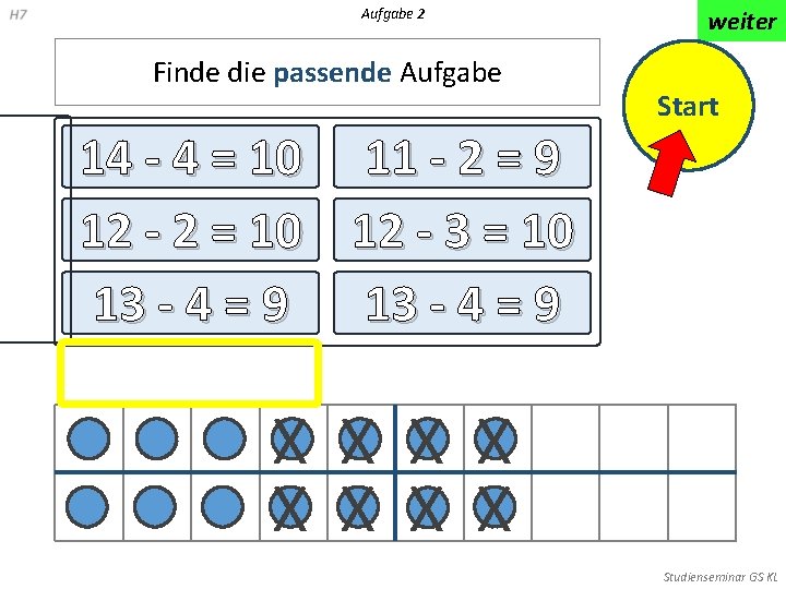 Aufgabe 2 Finde die passende Aufgabe weiter Start 14 - 4 = 10 11