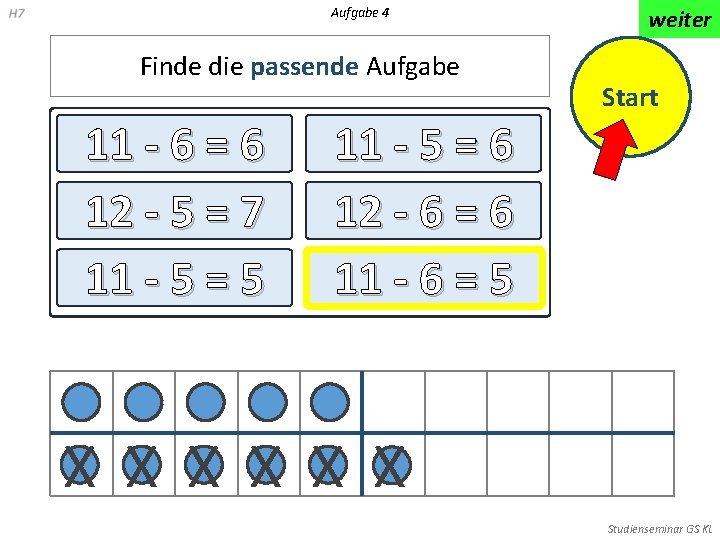 Aufgabe 4 Finde die passende Aufgabe 11 - 6 = 6 12 - 5