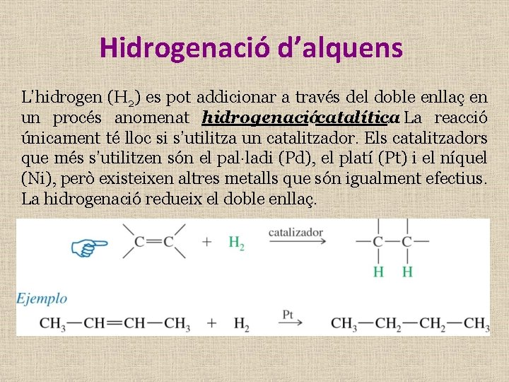 Hidrogenació d’alquens L’hidrogen (H 2) es pot addicionar a través del doble enllaç en