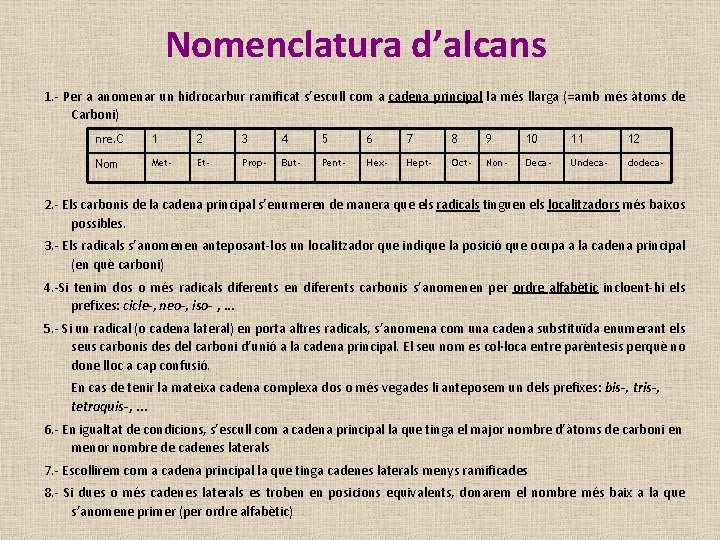 Nomenclatura d’alcans 1. - Per a anomenar un hidrocarbur ramificat s’escull com a cadena