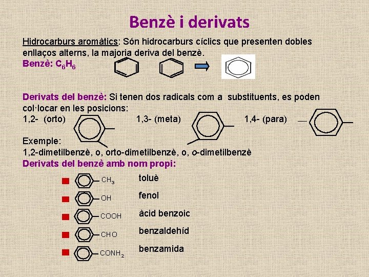 Benzè i derivats Hidrocarburs aromàtics: Són hidrocarburs cíclics que presenten dobles enllaços alterns, la