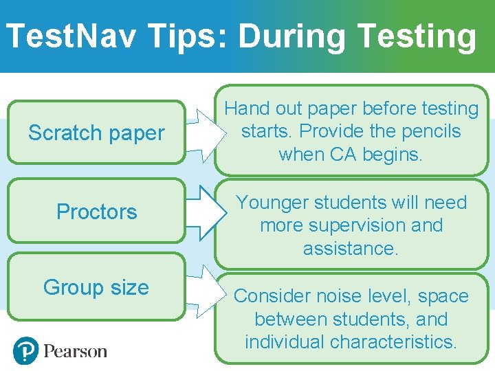 Test. Nav Tips: During Testing Scratch paper Proctors Group size Hand out paper before