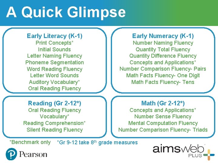A Quick Glimpse Early Literacy (K-1) Early Numeracy (K-1) Print Concepts* Initial Sounds Letter