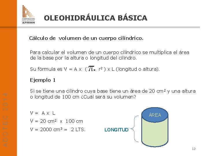 OLEOHIDRÁULICA BÁSICA Cálculo de volumen de un cuerpo cilíndrico. Para calcular el volumen de