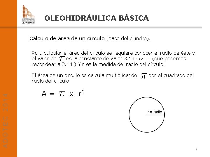 OLEOHIDRÁULICA BÁSICA Cálculo de área de un círculo (base del cilindro). Para calcular el
