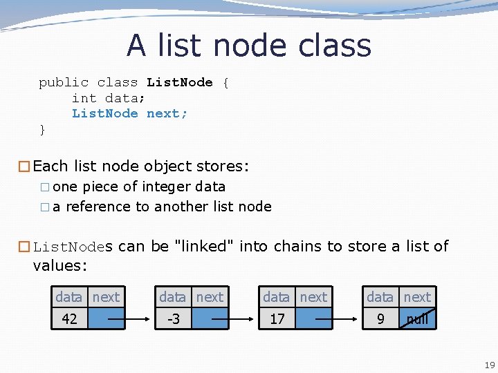 A list node class public class List. Node { int data; List. Node next;