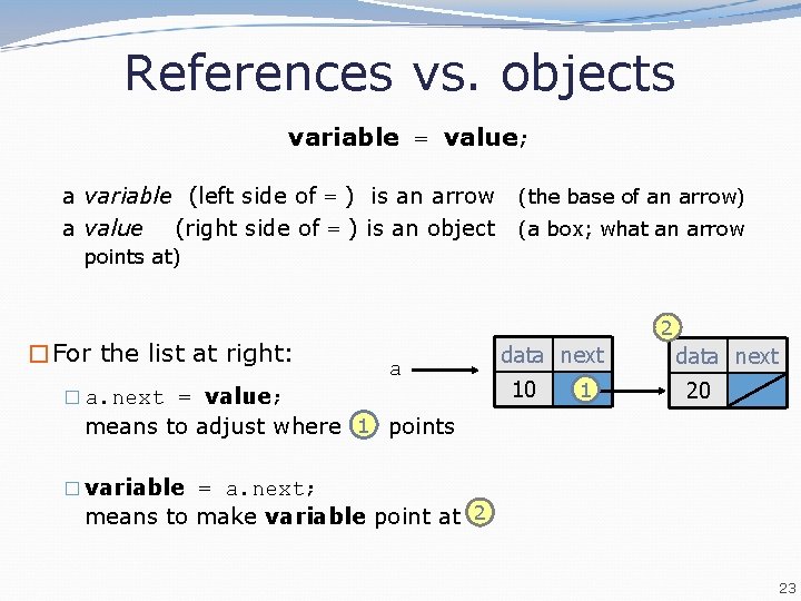References vs. objects variable = value; a variable (left side of = ) is
