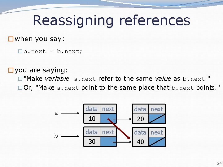 Reassigning references �when you say: � a. next = b. next; �you are saying: