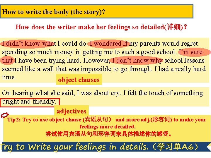 How to write the body (the story)? How does the writer make her feelings