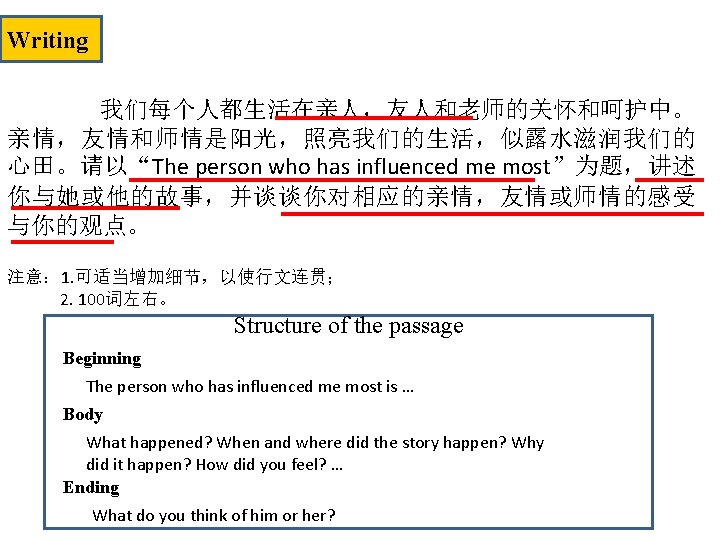 Writing 我们每个人都生活在亲人，友人和老师的关怀和呵护中。 亲情，友情和师情是阳光，照亮我们的生活，似露水滋润我们的 心田。请以“The person who has influenced me most”为题，讲述 你与她或他的故事，并谈谈你对相应的亲情，友情或师情的感受 与你的观点。 注意： 1.