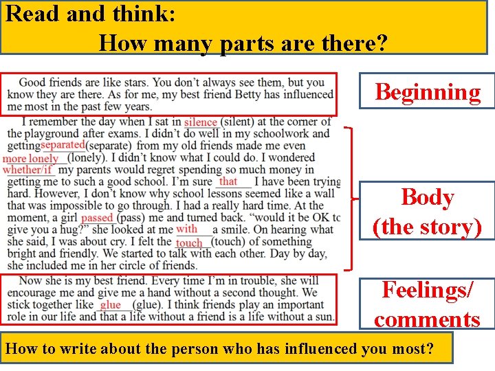 Read and think: How many parts are there? Beginning Body (the story) Feelings/ comments
