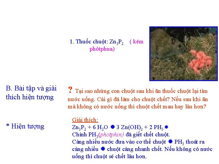1. Thuốc chuột: Zn 3 P 2 ( kẽm phôtphua) B. Bài tập và