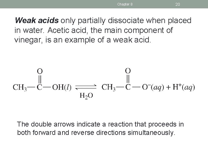 Chapter 8 20 Weak acids only partially dissociate when placed in water. Acetic acid,