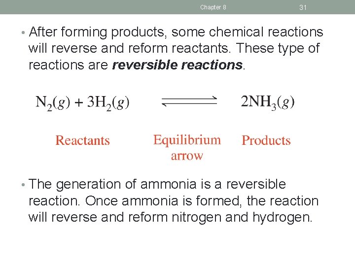 Chapter 8 31 • After forming products, some chemical reactions will reverse and reform