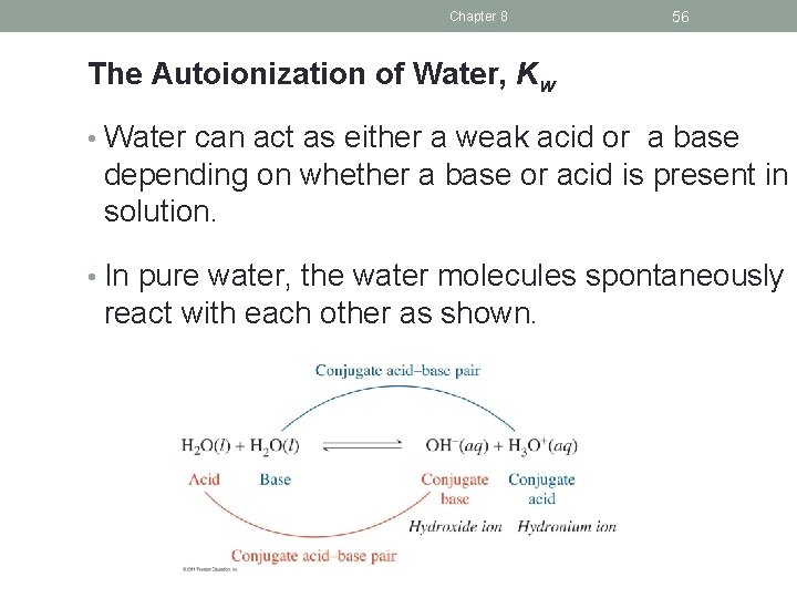 Chapter 8 56 The Autoionization of Water, Kw • Water can act as either