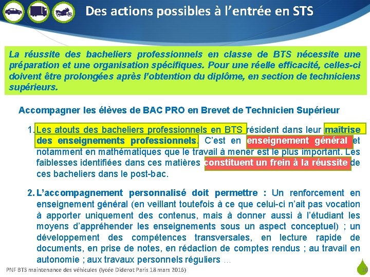 Des actions possibles à l’entrée en STS La réussite des bacheliers professionnels en classe