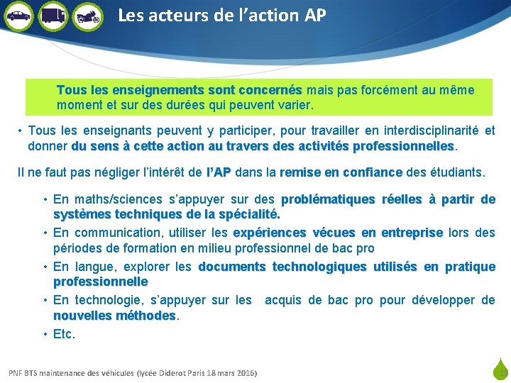 Les acteurs de l’action AP Tous les enseignements sont concernés mais pas forcément au