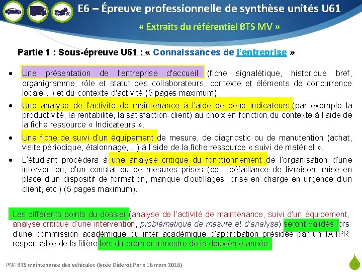 E 6 – Épreuve professionnelle de synthèse unités U 61 « Extraits du référentiel