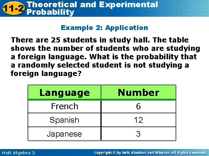 Theoretical and Experimental 11 -2 Probability Example 2: Application There are 25 students in