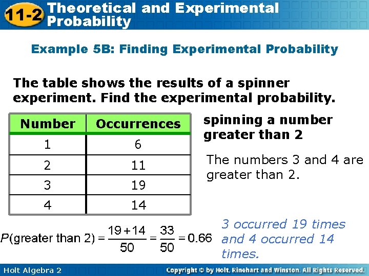 Theoretical and Experimental 11 -2 Probability Example 5 B: Finding Experimental Probability The table