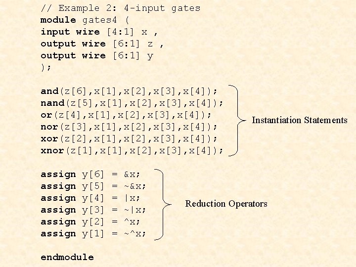 // Example 2: 4 -input gates module gates 4 ( input wire [4: 1]