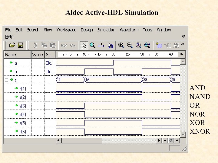 Aldec Active-HDL Simulation AND NAND OR NOR XNOR 