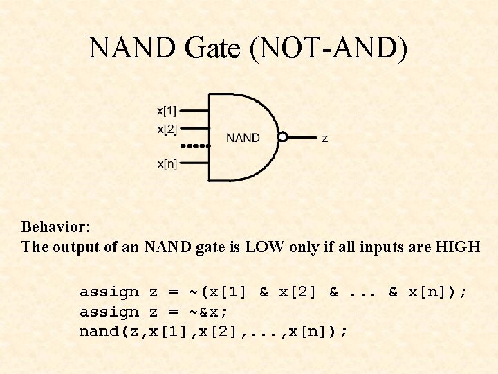 NAND Gate (NOT-AND) Behavior: The output of an NAND gate is LOW only if