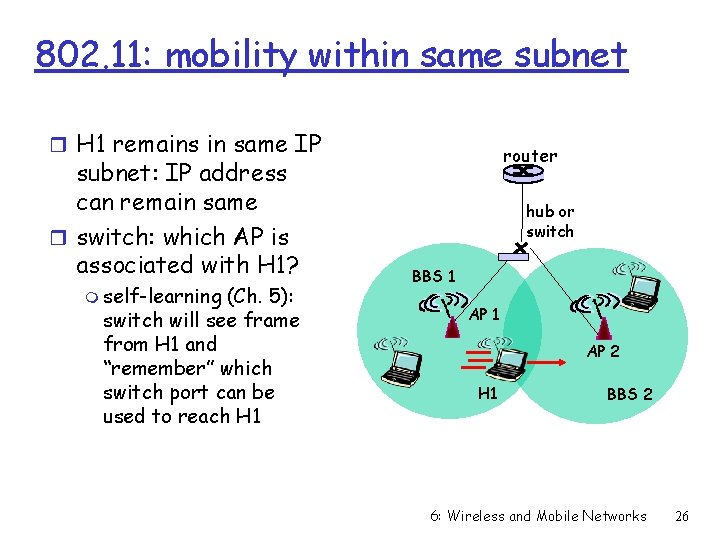 802. 11: mobility within same subnet r H 1 remains in same IP subnet: