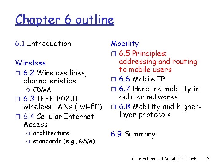 Chapter 6 outline 6. 1 Introduction Wireless r 6. 2 Wireless links, characteristics m