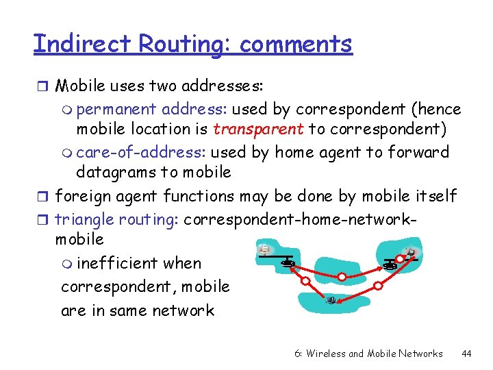 Indirect Routing: comments r Mobile uses two addresses: m permanent address: used by correspondent