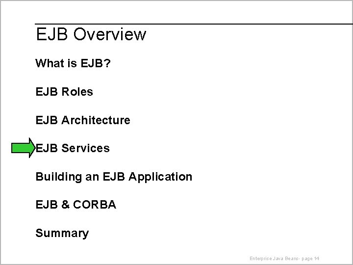 EJB Overview What is EJB? EJB Roles EJB Architecture EJB Services Building an EJB