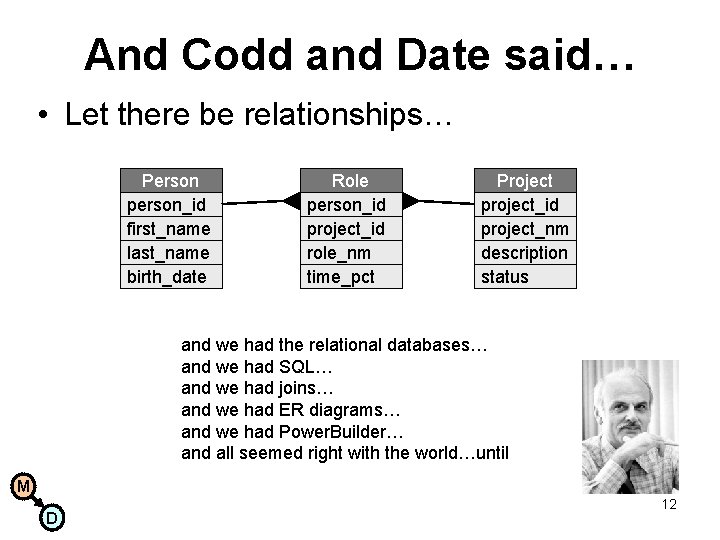 And Codd and Date said… • Let there be relationships… Person person_id first_name last_name