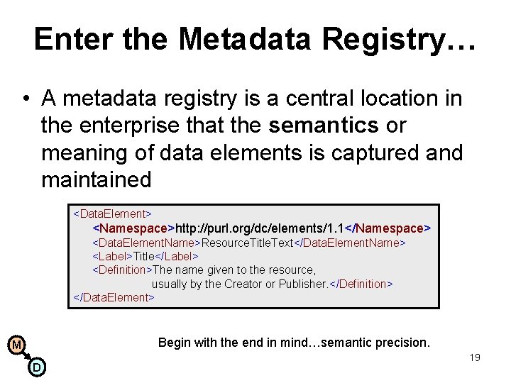 Enter the Metadata Registry… • A metadata registry is a central location in the