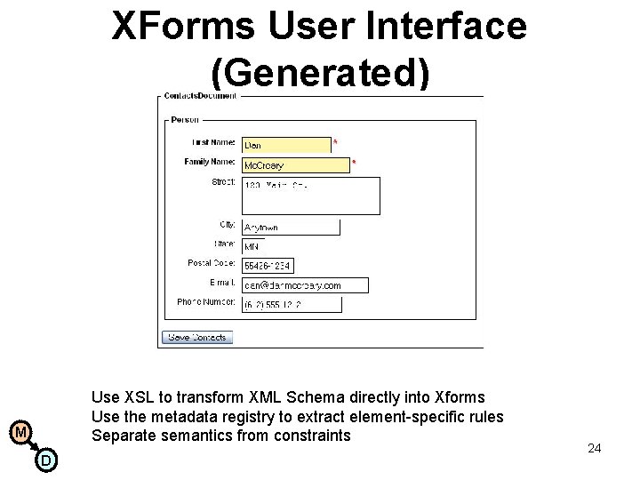 XForms User Interface (Generated) Use XSL to transform XML Schema directly into Xforms Use
