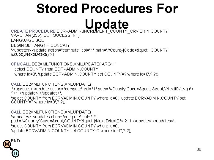 Stored Procedures For Update CREATE PROCEDURE ECRVADMIN. INCREMENT_COUNTY_CRVID (IN COUNTY VARCHAR(255), OUT SUCESS INT)