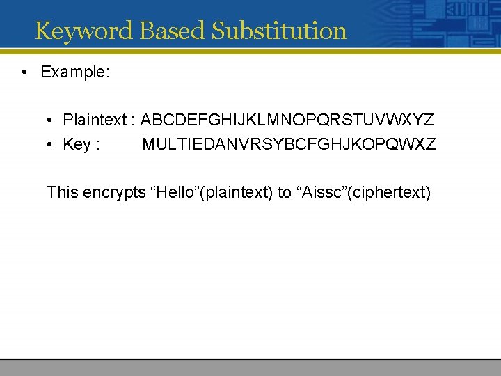 Keyword Based Substitution • Example: • Plaintext : ABCDEFGHIJKLMNOPQRSTUVWXYZ • Key : MULTIEDANVRSYBCFGHJKOPQWXZ This