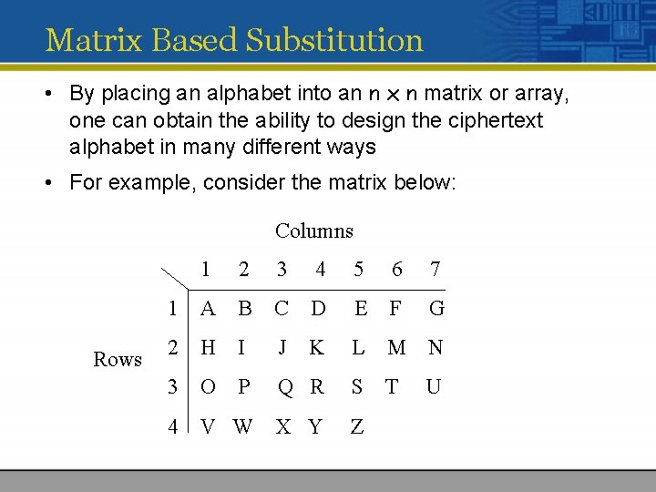 Matrix Based Substitution • By placing an alphabet into an n x n matrix