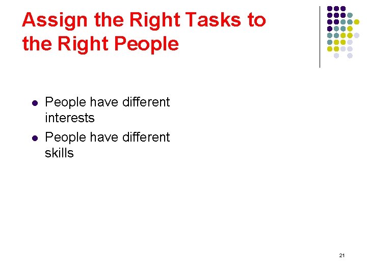 Assign the Right Tasks to the Right People l l People have different interests