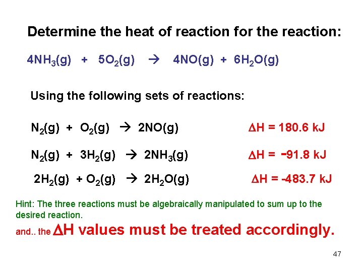 Determine the heat of reaction for the reaction: 4 NH 3(g) + 5 O