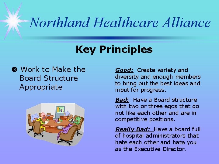 Northland Healthcare Alliance Key Principles Work to Make the Board Structure Appropriate Good: Create