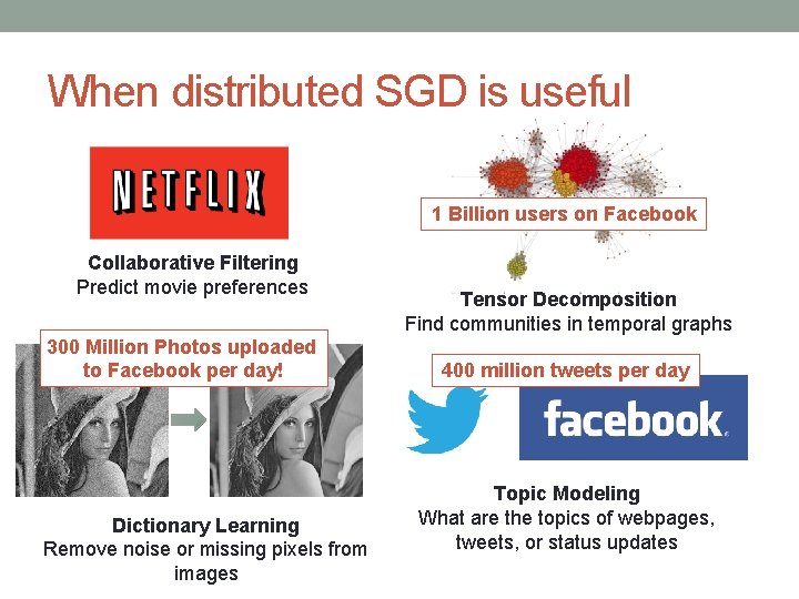 When distributed SGD is useful 1 Billion users on Facebook Collaborative Filtering Predict movie