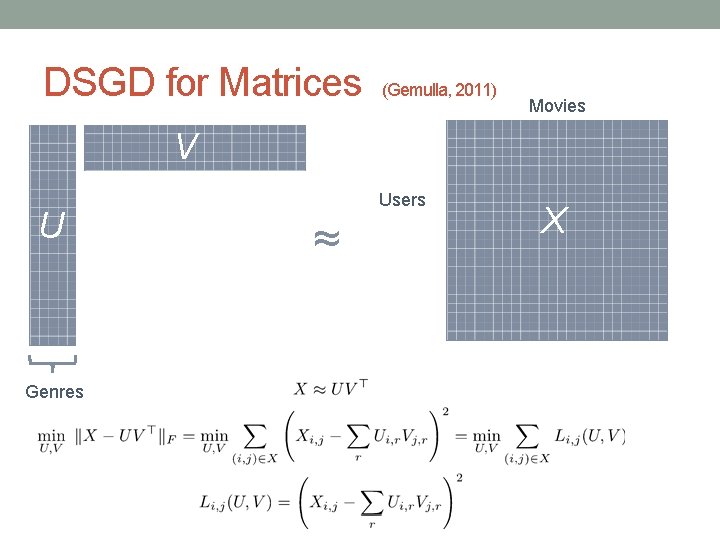 DSGD for Matrices (Gemulla, 2011) Movies V U Genres Users ≈ X 