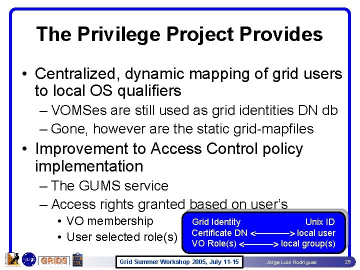 The Privilege Project Provides • Centralized, dynamic mapping of grid users to local OS The Privilege Project Provides • Centralized, dynamic mapping of grid users to local OS