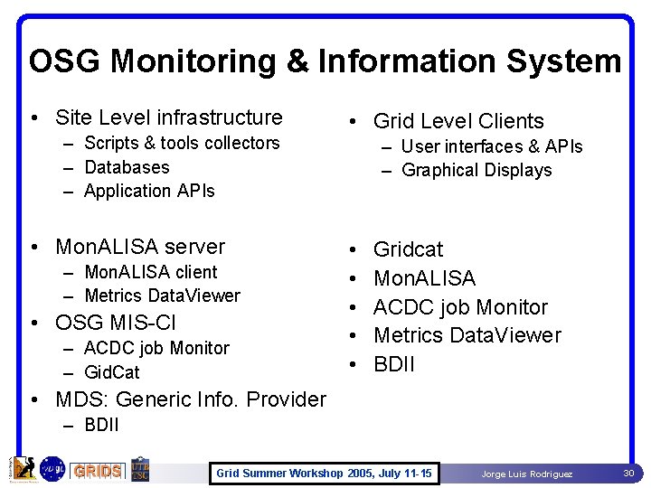 OSG Monitoring & Information System • Site Level infrastructure – Scripts & tools collectors OSG Monitoring & Information System • Site Level infrastructure – Scripts & tools collectors