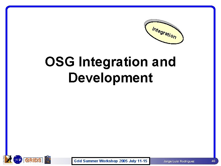 Inte gra tion OSG Integration and Development Grid Summer Workshop 2005 July 11 -15 Inte gra tion OSG Integration and Development Grid Summer Workshop 2005 July 11 -15